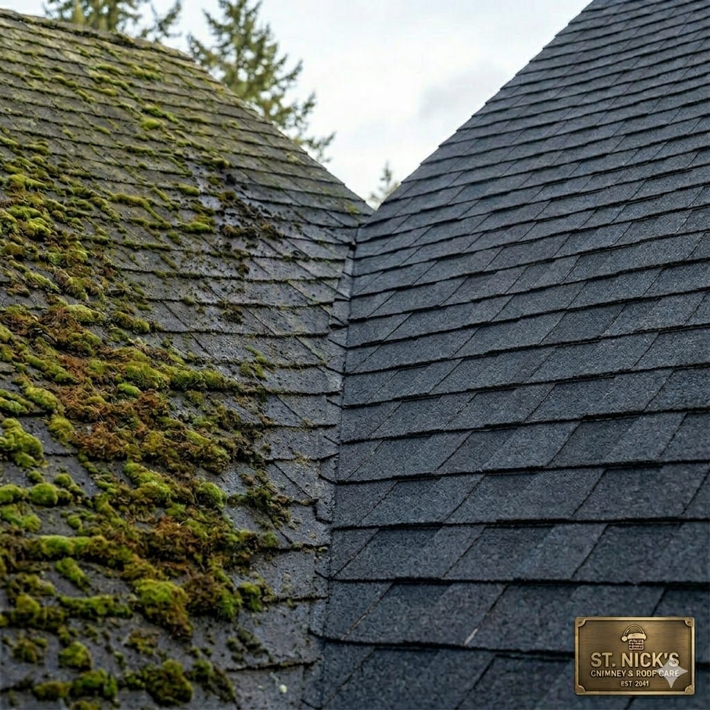 Roof Cleaning & soft washing service being carried out by St. Nicks Chimney in Bellingham WA.