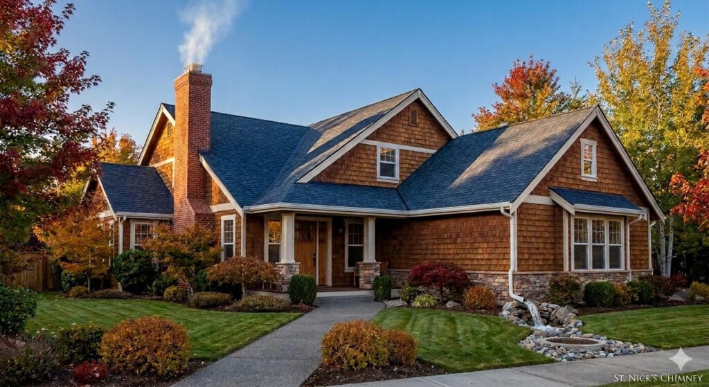 House that gets serviced By St. Nicks Chimney for gutter cleaning, chimney cleaning, window washing, dryer vent cleaning, and roof cleaning. Book appointment now.