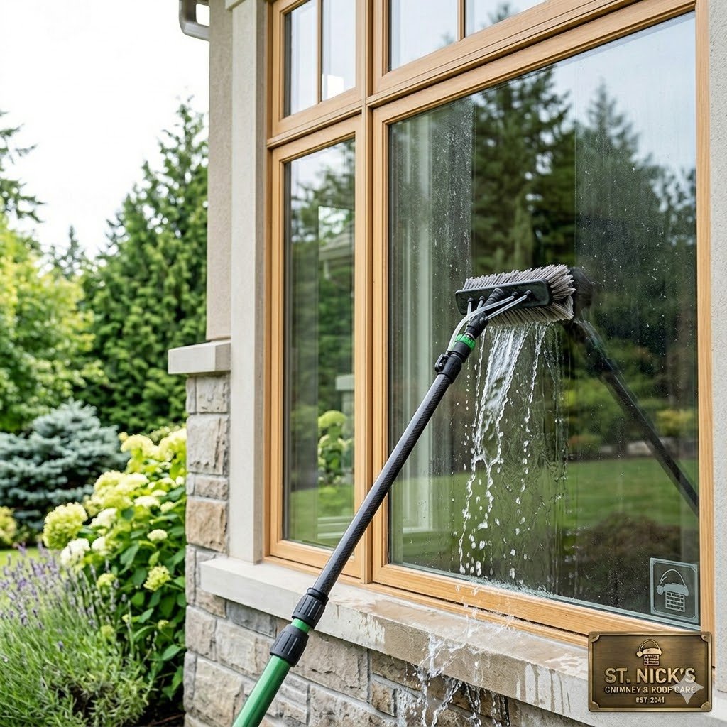 St. Nicks Chimney professional carrying out an amazing exterior window washing.